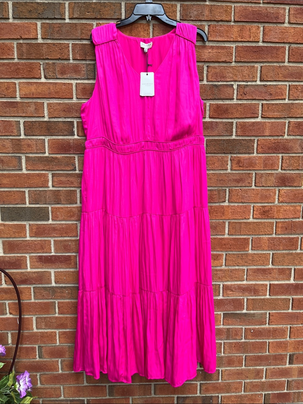 🆕 Skies Are Blue Curvy Hot Pink Satin  Sleeveless Tiered Maxi Midi Dress size 1X
